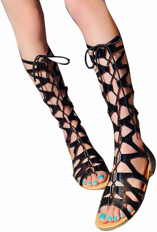 Women Summer Beach Knee High Gladiator Sandals Open Toe Cross Strap Slip On Roman Sandals Lace Up Zipper Back Dress Shoes Flip Flops With Memory Foam