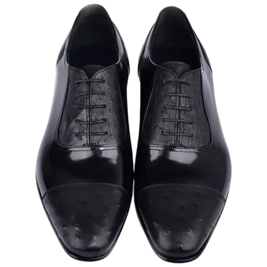 Corrente Mens Black Ostrich Skin and Leather Cap Toe Shoe Diamond Dress Shoes