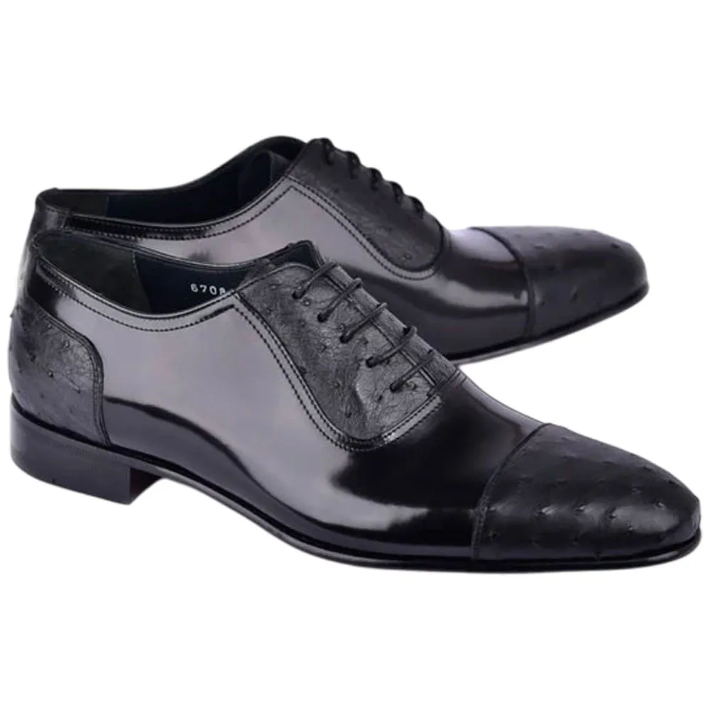 Dresses Shoes Corrente Mens Black Ostrich Skin and Leather Cap Toe Shoe