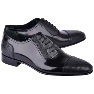 Corrente Mens Black Ostrich Skin and Leather Cap Toe Shoe Shell Cordovan Dress Shoes