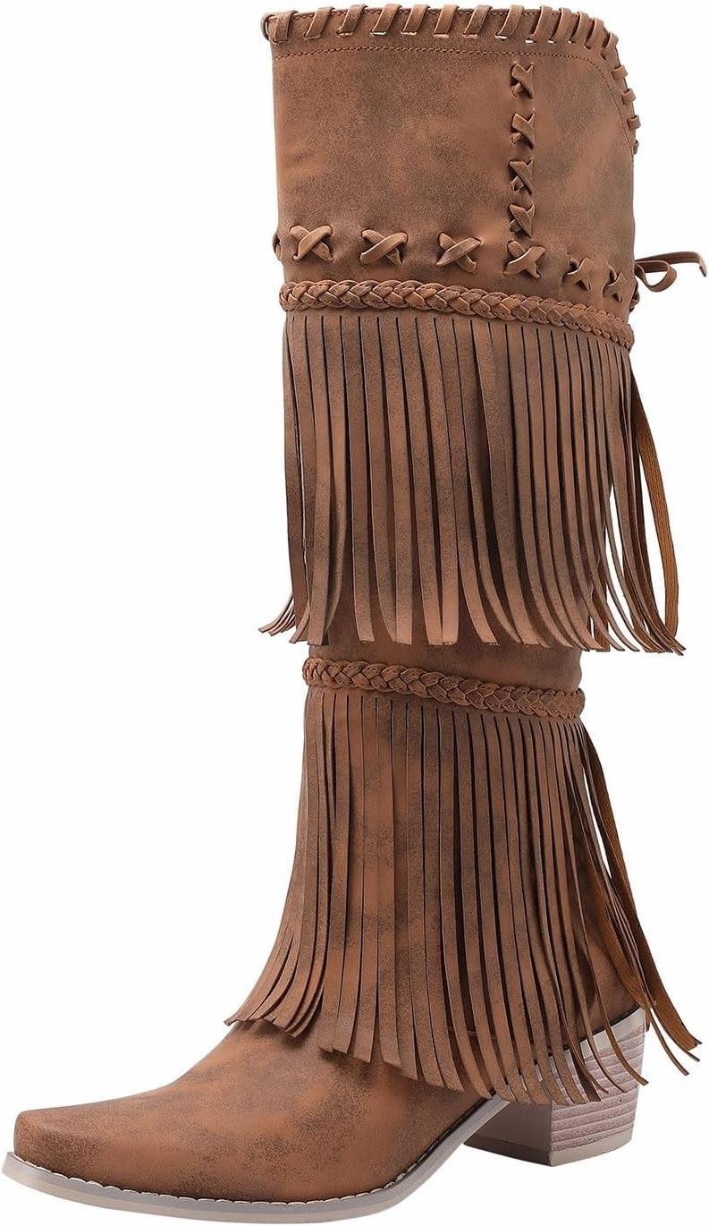Cowboy Boots for Women Brown Knee High Boots Women Low Heel Cowboy Boots Fringe Braid Chunky Heel Thigh High Boots Knee High Boot Laces