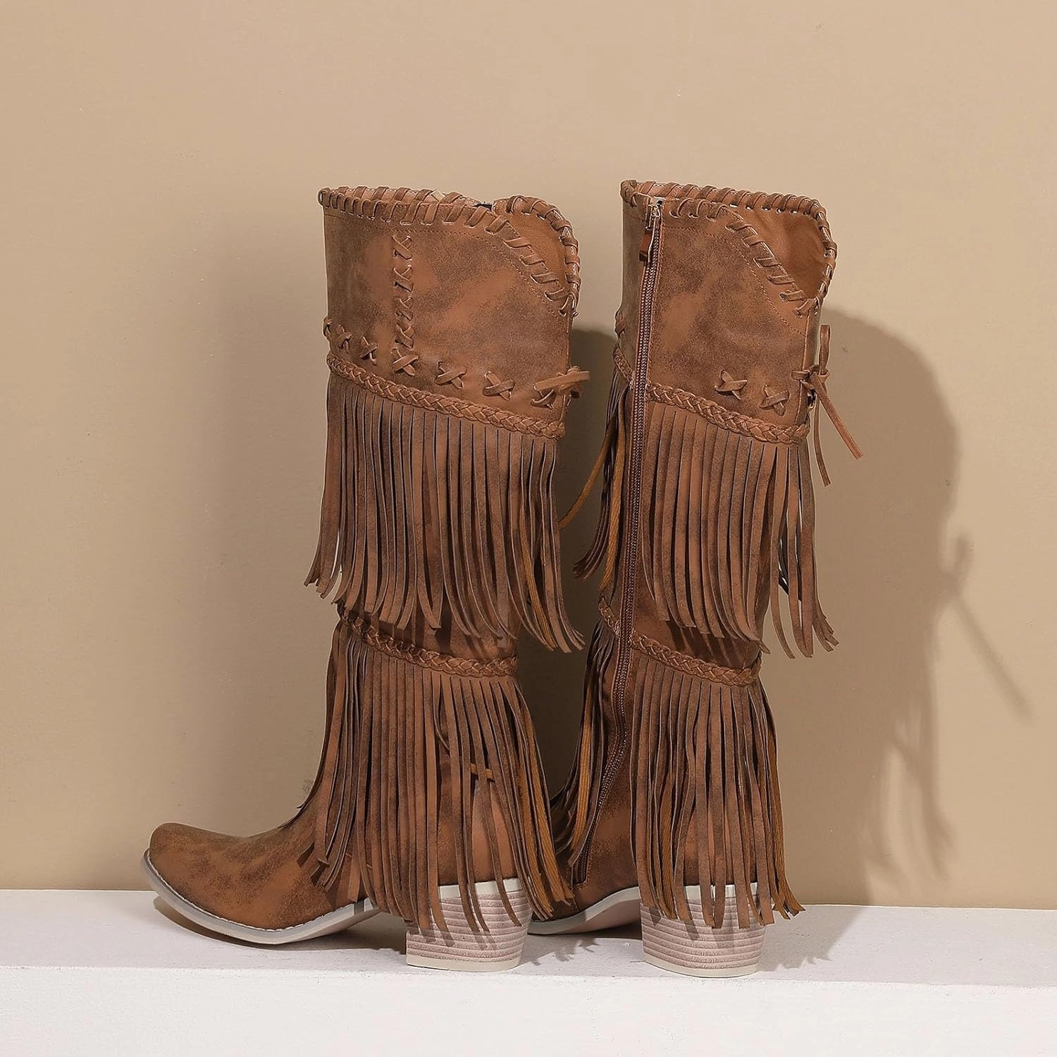 Cowboy Boots for Women Brown Knee High Boots Women Low Heel Cowboy Boots Fringe Braid Chunky Heel Thigh High Boots Knee High Lace Up Canvas Boots