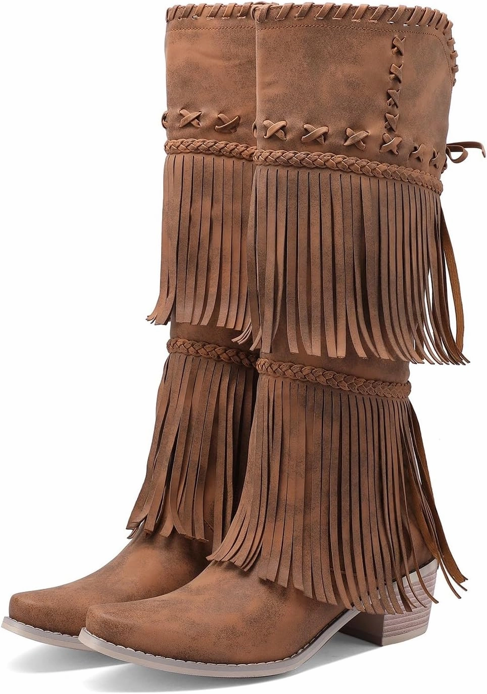 Knee High Feather Boots Cowboy Boots for Women Brown Knee High Boots Women Low Heel Cowboy Boots Fringe Braid Chunky Heel Thigh High Boots