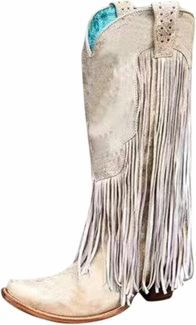 Cowboy Boots for Women Knee High Boots Women Large Size Chunky Heel Tassel Boots High Heel Shoes Thigh High Booties Pointed Toe Knee-high Boots