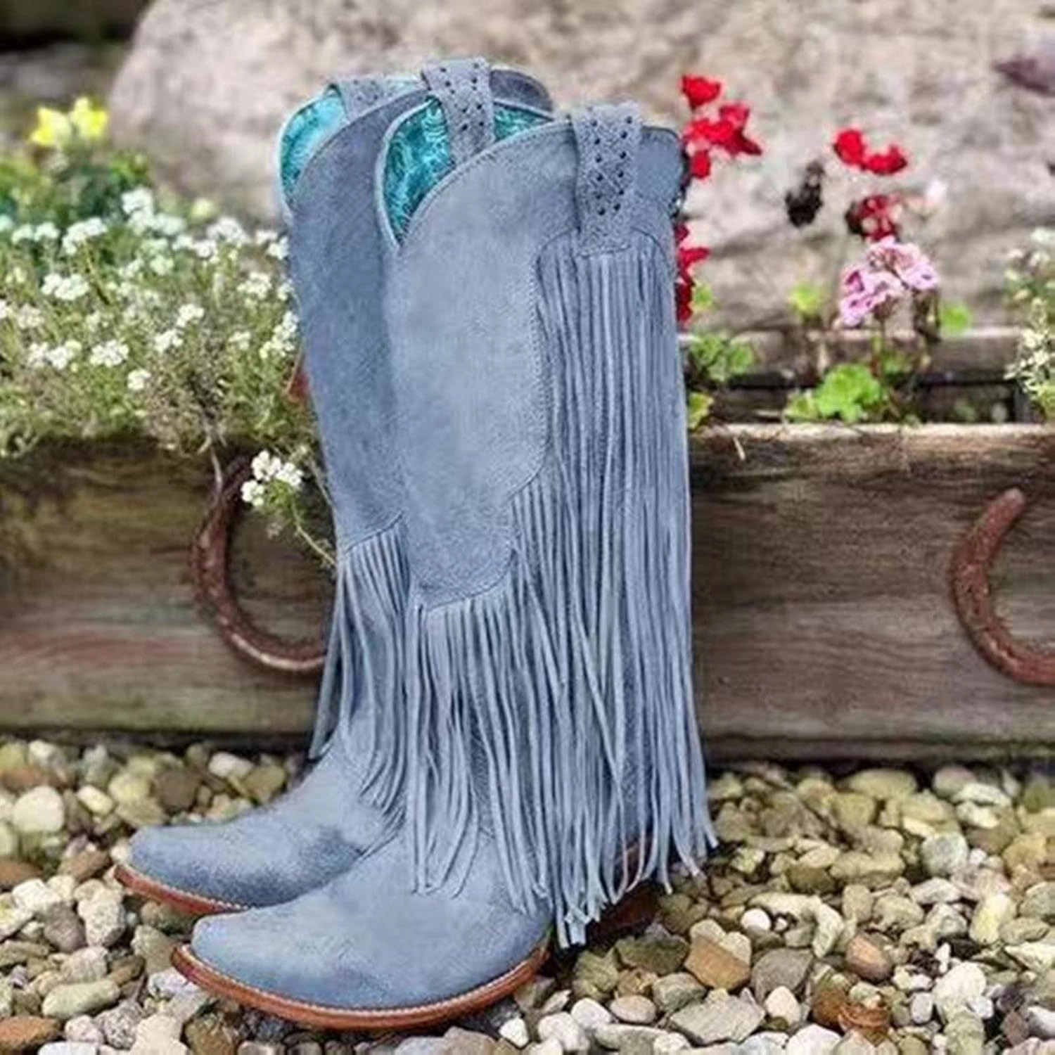 Knee High Wide Cowboy Boots for Women Knee High Boots Women Large Size Chunky Heel Tassel Boots High Heel Shoes Thigh High Booties