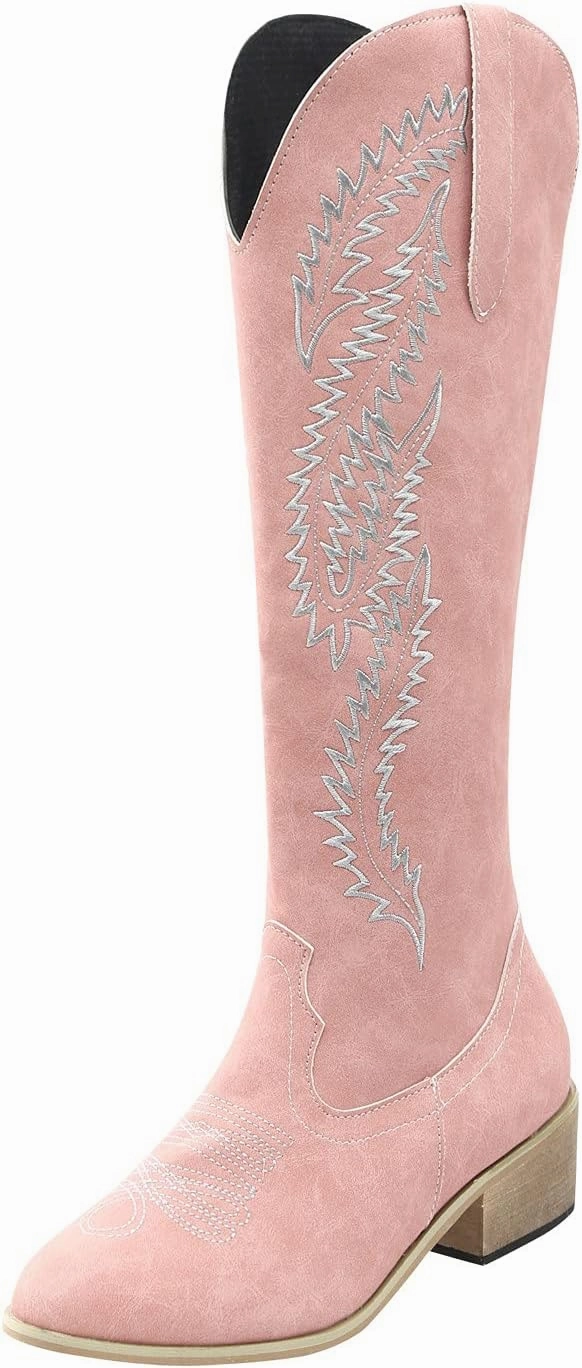 Cowboy Boots For Women Retro Pointed Cowboys Boots Side Zipper Chunky Heel Western Mid-Calf Knee High Boots Combat Fashion Boots