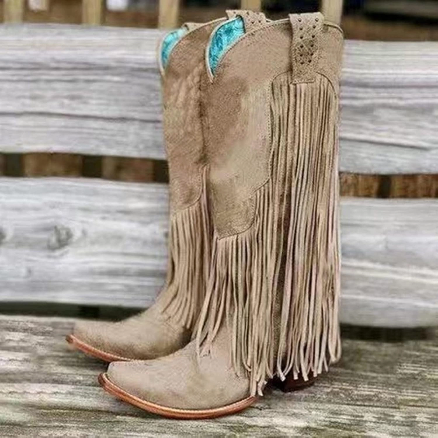 Cowboy Boots For Women Tassel Western Chunky Heel Cowgirl Boots Retro Pull On Suede Knee High Cowboy Boots Combat Boots With Flannel