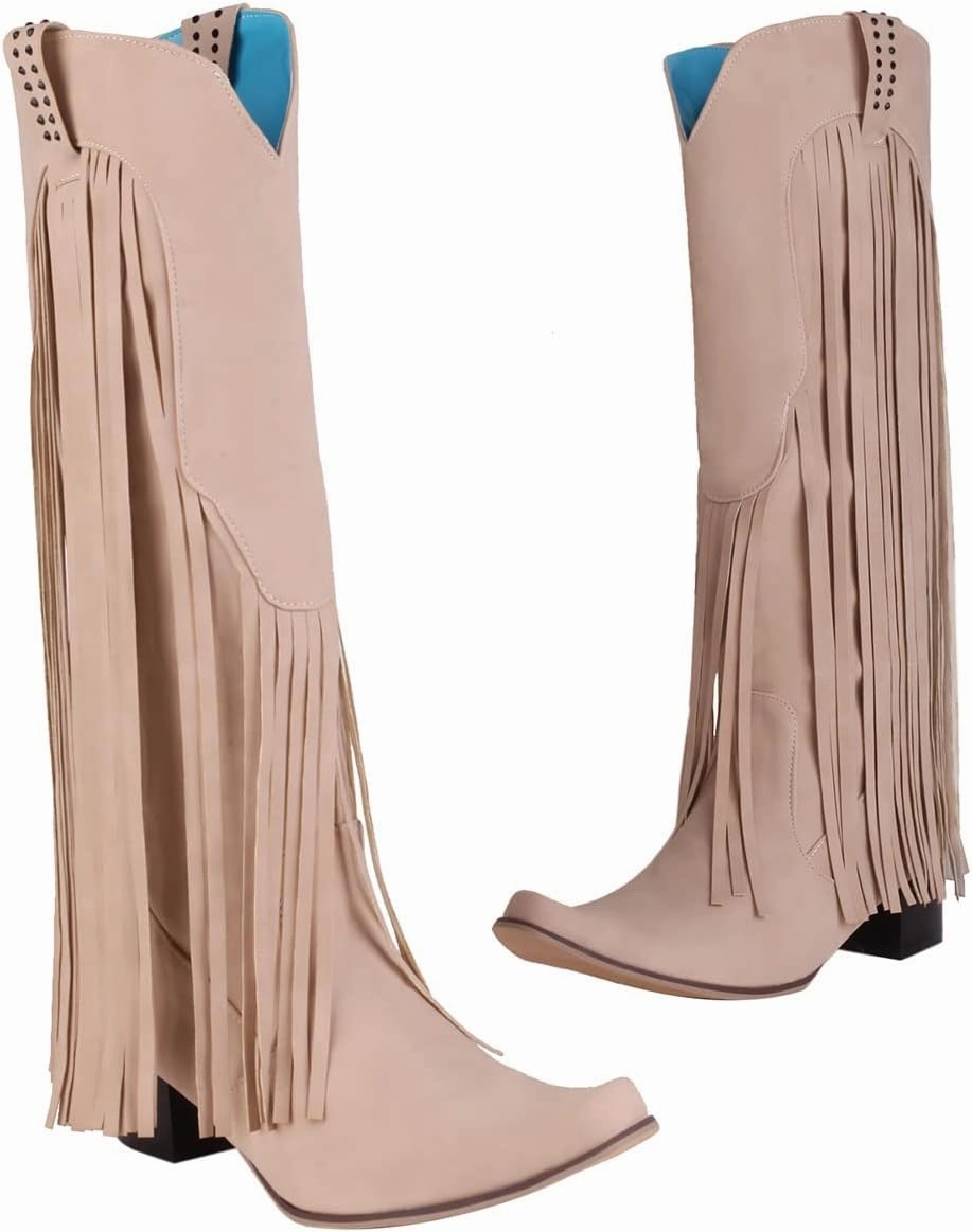 Cowboy Boots For Women Tassel Western Chunky Heel Cowgirl Boots Retro Pull On Suede Knee High Cowboy Boots Nice Collective Combat Boots