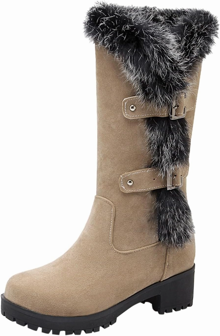 Cowgirl Boots Women Keep Warm Hairy Suede Mid Calf Snow Boots Lace Low Block Heel Snow Winter Long Bootie Celebrity Style Combat Boots