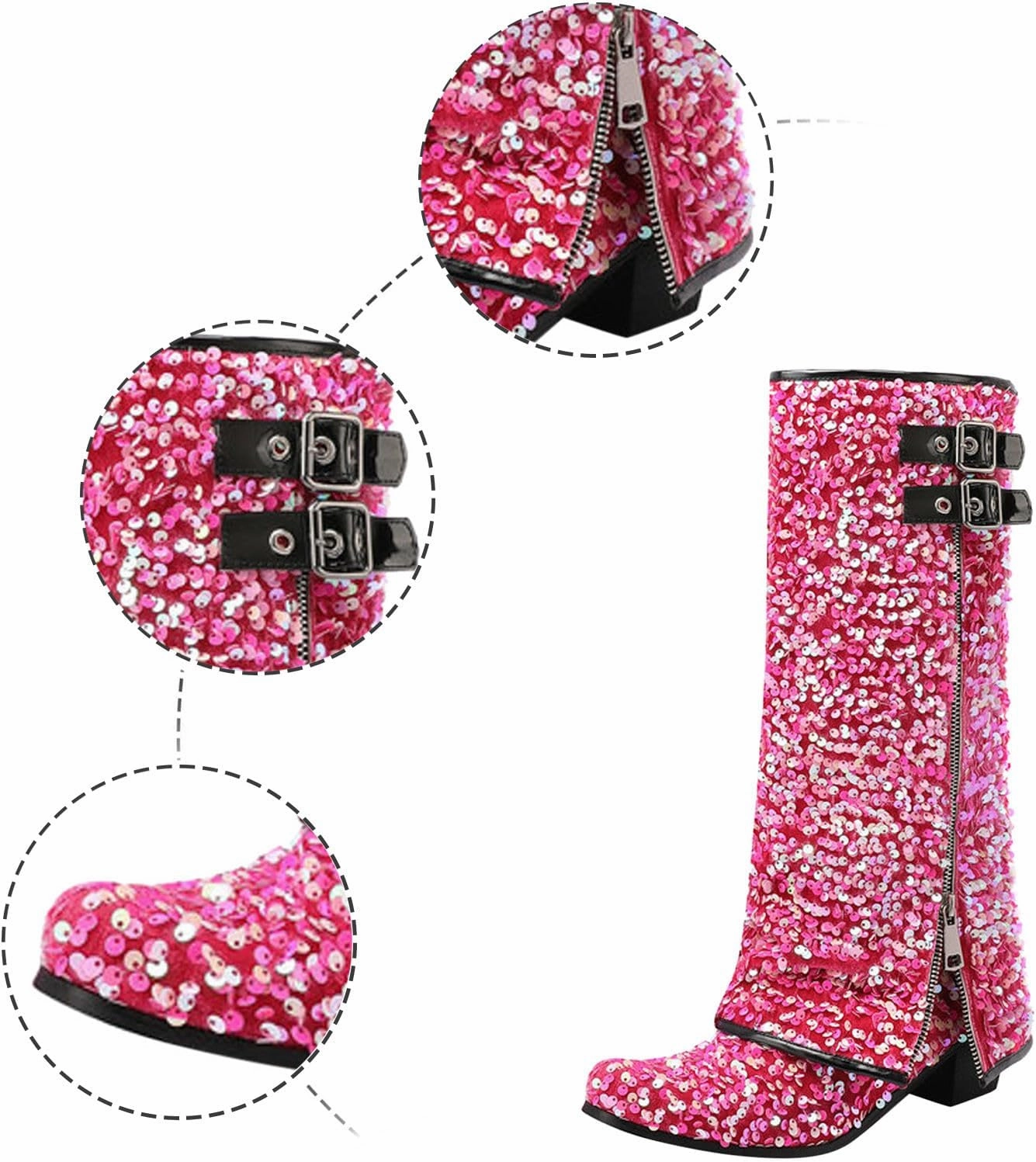 Low Rise Combat Boots Cowgirl Boots Women's Sequin Performance Low Chunky Heels Western Cowboy Boots Knee High Zipper Buckle Bootie