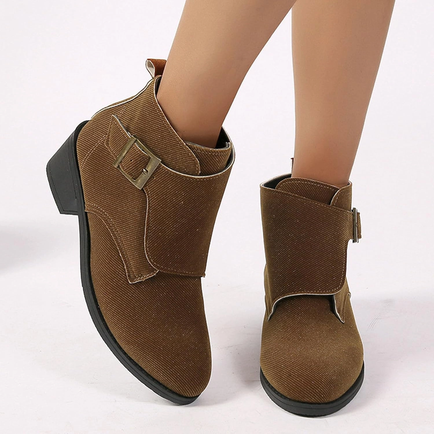 Cowgirl Boots Women's Suede Ankle Boots Adjustable Buckle Low Block Heel Booties Casual Short Pull On Fall Bootie Sandstorm Combat Boots