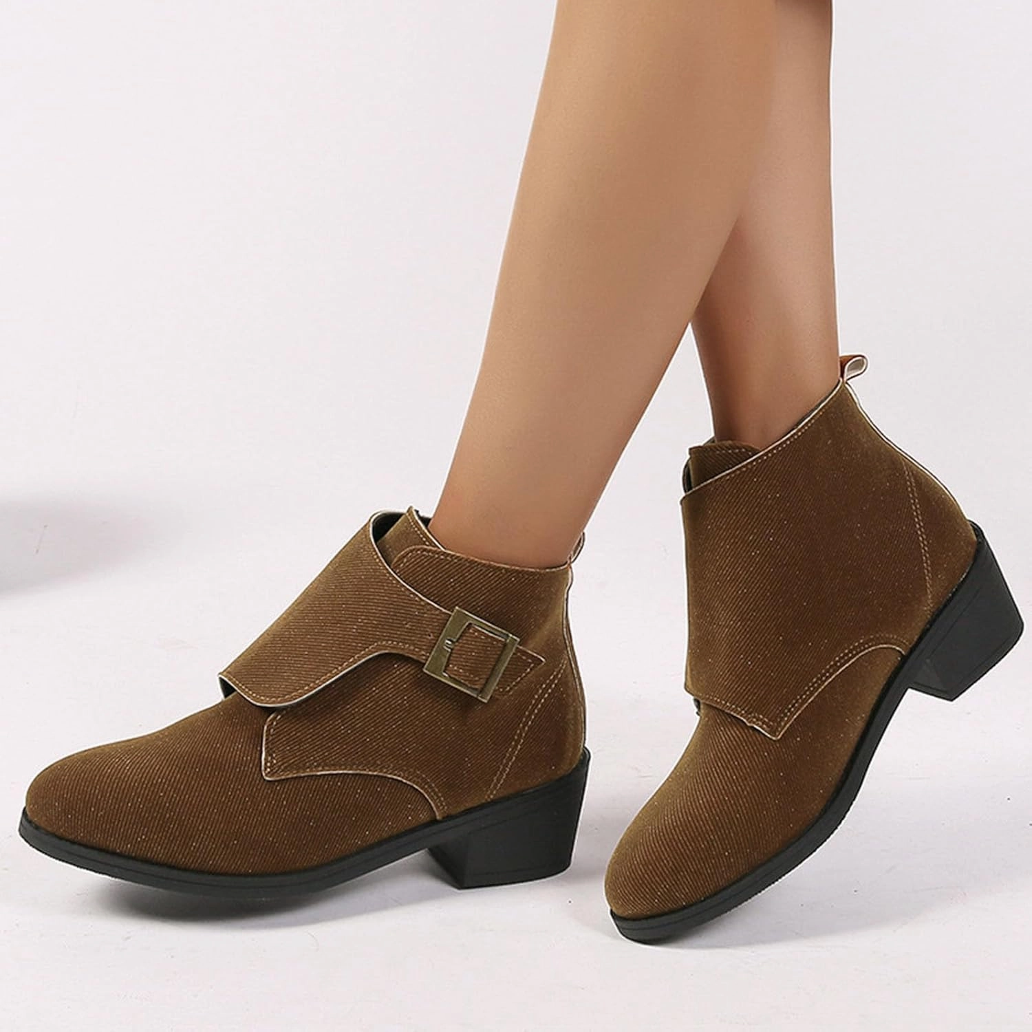 Cowgirl Boots Women's Suede Ankle Boots Adjustable Buckle Low Block Heel Booties Casual Short Pull On Fall Bootie Waterproof Combat Boot