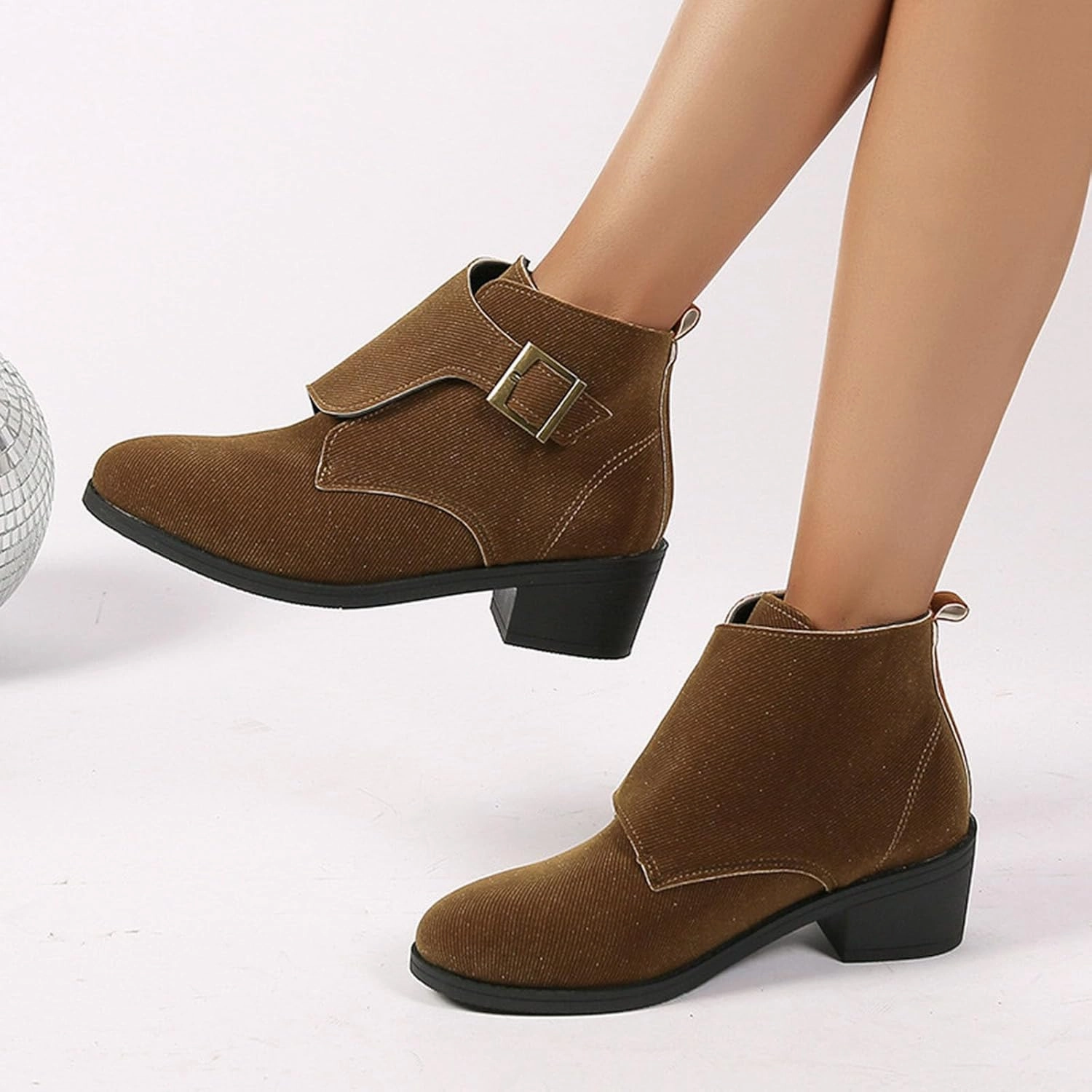 Cowgirl Boots Women's Suede Ankle Boots Adjustable Buckle Low Block Heel Booties Casual Short Pull On Fall Bootie Feminine Combat Boots