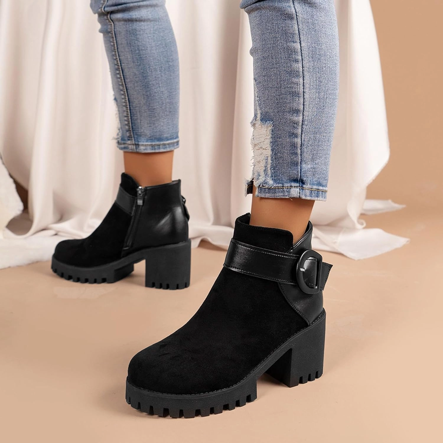Combat Boots With Diamonds Cowgirl Boots Women Suede Non-Slip Ankle Boots Low Block Heel Platform Booties Gothic Buckle Halloween Bootie