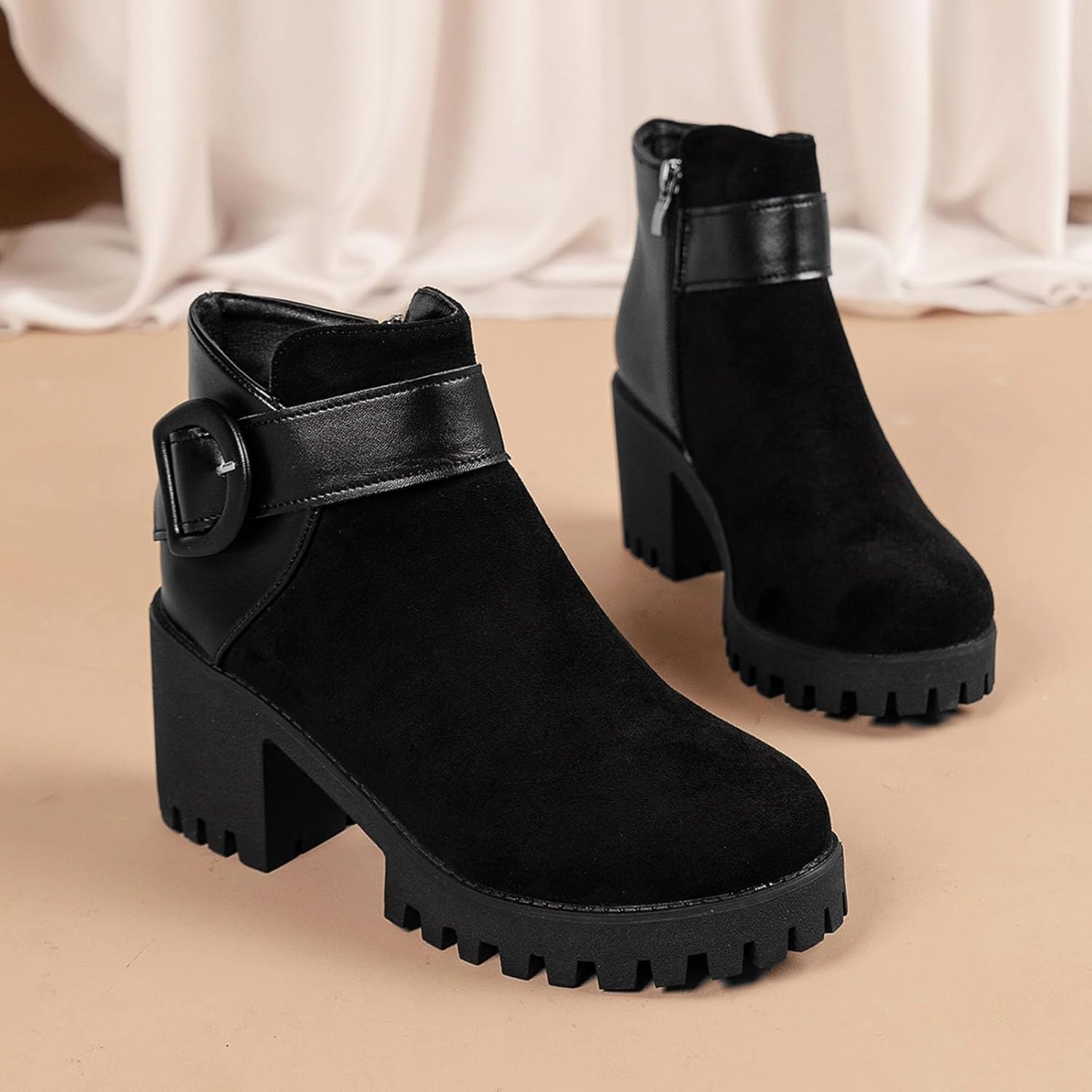 Cowgirl Boots Women Suede Non-Slip Ankle Boots Low Block Heel Platform Booties Gothic Buckle Halloween Bootie 1460 Bex Combat Boot