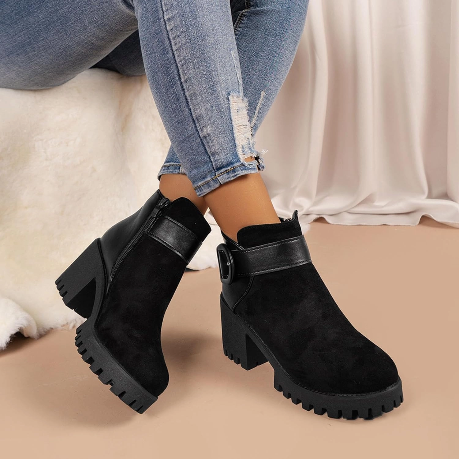 Cowgirl Boots Women Suede Non-Slip Ankle Boots Low Block Heel Platform Booties Gothic Buckle Halloween Bootie Size 14 Combat Boots