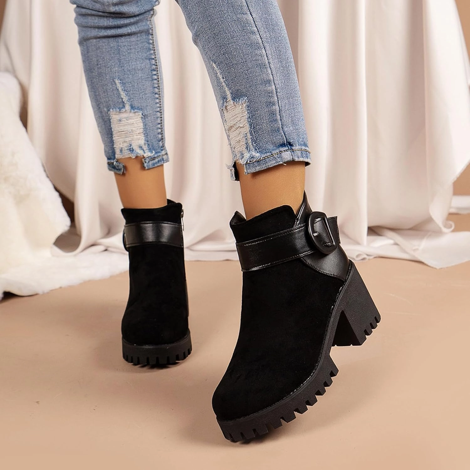 Combat Boots With Star On Sole Cowgirl Boots Women Suede Non-Slip Ankle Boots Low Block Heel Platform Booties Gothic Buckle Halloween Bootie