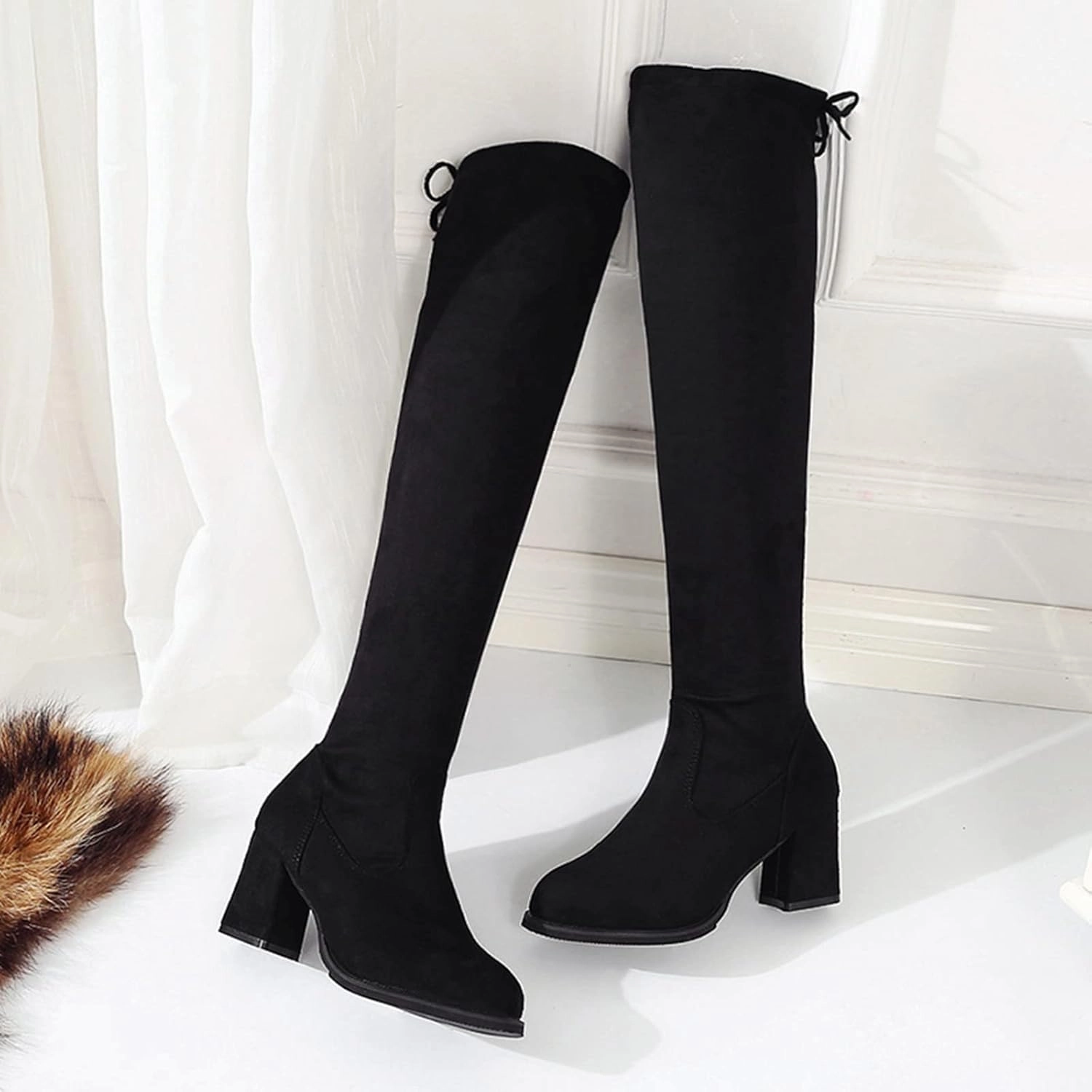 Crzidha Chunky High Heel Over The Knee High Boots for Women,Vintage Suede Back Drawstring Lace Up Thigh High Boots for Ladies Dressy Winter Fall Fashion Party Banquet High Heels Liliana Knee High Boots