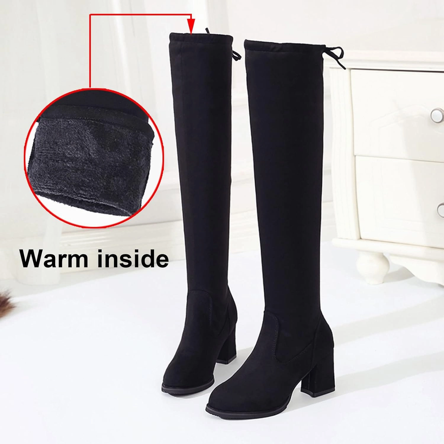 Over The Knee High Suede Boots Crzidha Chunky High Heel Over The Knee High Boots for Women,Vintage Suede Back Drawstring Lace Up Thigh High Boots for Ladies Dressy Winter Fall Fashion Party Banquet High Heels