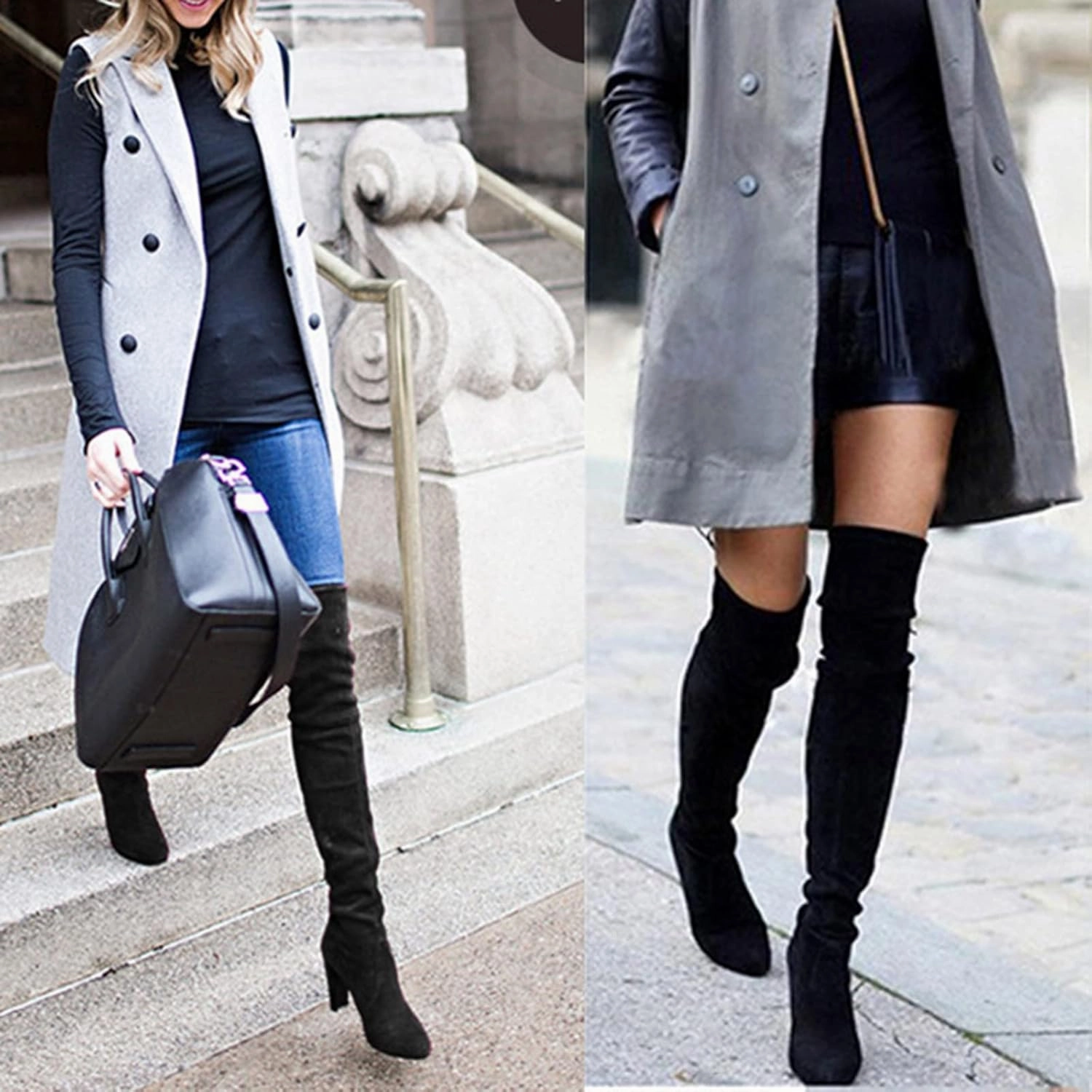 Tie Up Knee High Boots Crzidha Chunky High Heel Over The Knee High Boots for Women,Vintage Suede Back Drawstring Lace Up Thigh High Boots for Ladies Dressy Winter Fall Fashion Party Banquet High Heels