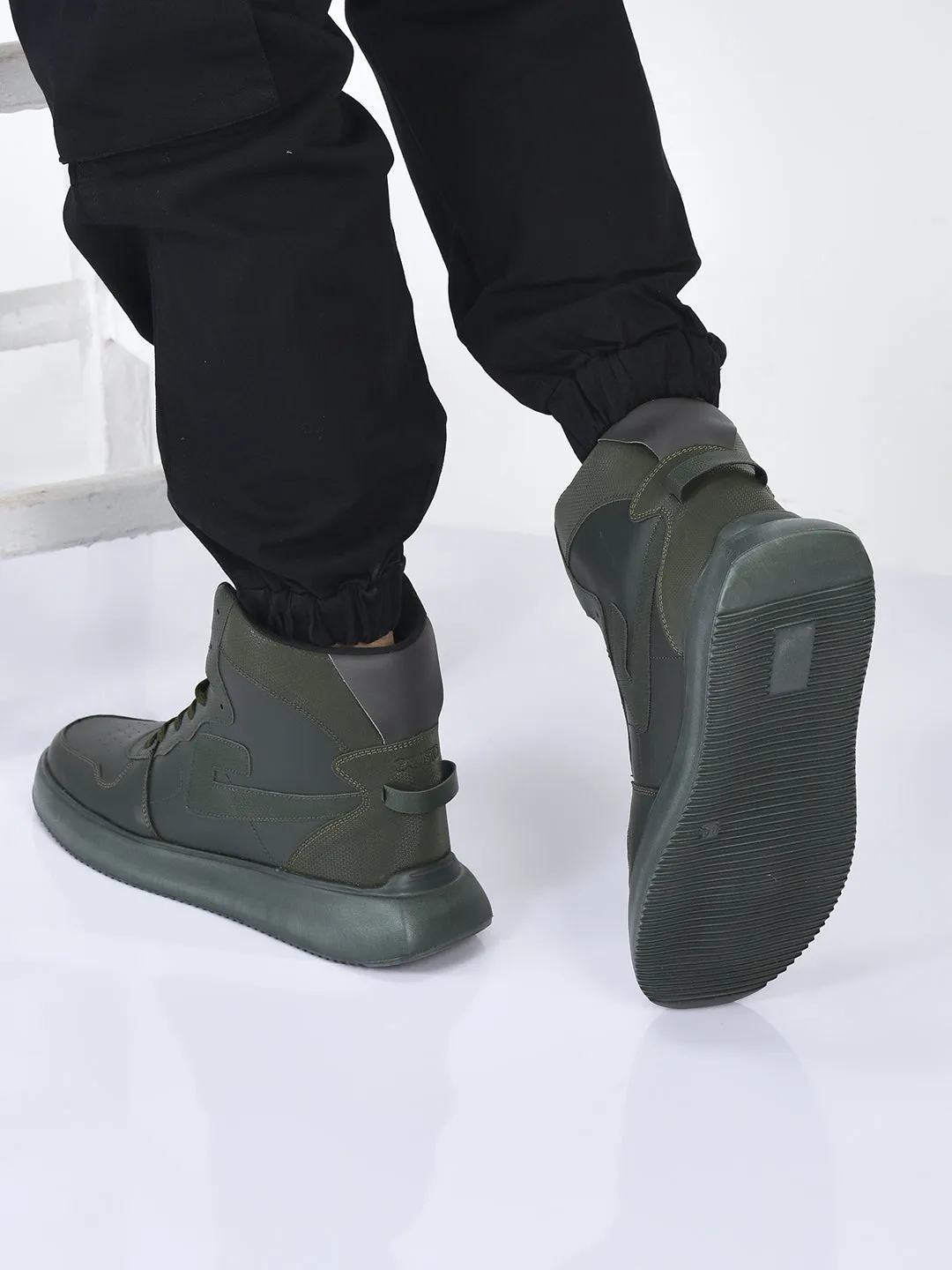 Silhouette High Heels FAUSTO Men Olive High Top Chunky Classic Lace Up Sneakers|High Ankle Sneakers With Memory Cushion|Lightweight All Day Sneakers