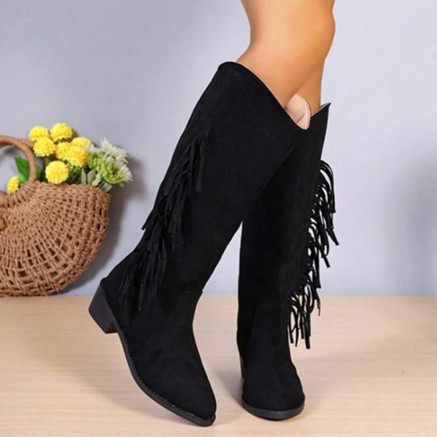 Knee High Boots Women Low Heel Mid Calf Boots for Women with Heel Fashion Trend Tassel Women's High Boots High Heel Wide Calf Knee High Boots