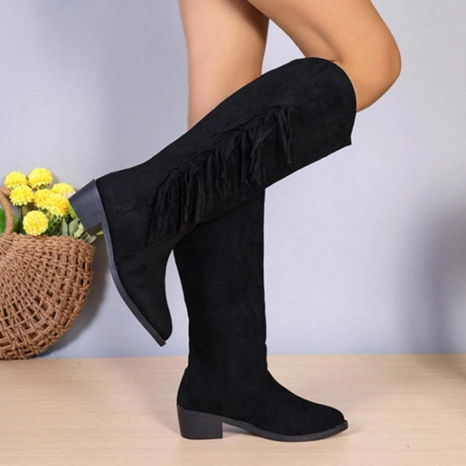 Knee High Boots Women Low Heel Mid Calf Boots for Women with Heel Fashion Trend Tassel Women's High Boots Wide Leg Boots Knee High