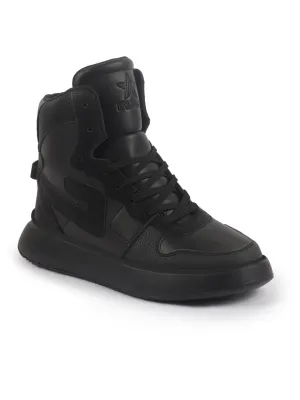 High Heel Shoes With Straps FAUSTO Men Black High Top Chunky Classic Lace Up Sneakers|High Ankle Sneakers With Memory Cushion|Lightweight All Day Sneakers