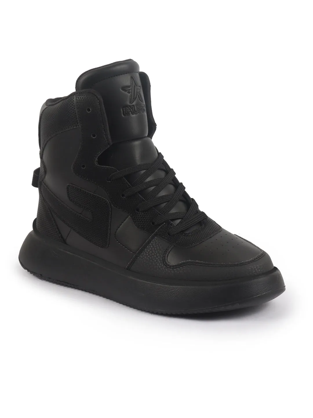 FAUSTO Men Black High Top Chunky Classic Lace Up Sneakers|High Ankle Sneakers With Memory Cushion|Lightweight All Day Sneakers Heel Replacements For Heels