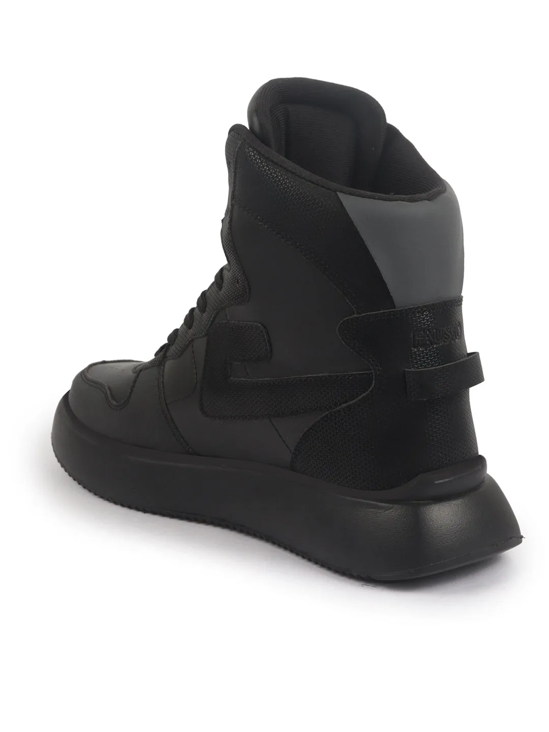 FAUSTO Men Black High Top Chunky Classic Lace Up Sneakers|High Ankle Sneakers With Memory Cushion|Lightweight All Day Sneakers Suede Knee High Block Heel Boots