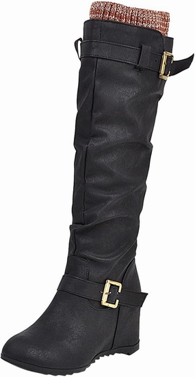 Ankle Boots For Women Retro Pleated Mid-Calf Western Cowboy Boots Vintage 2 Buckle Wedge Knee High Fall Boots Fold Down Plaid Combat Boots