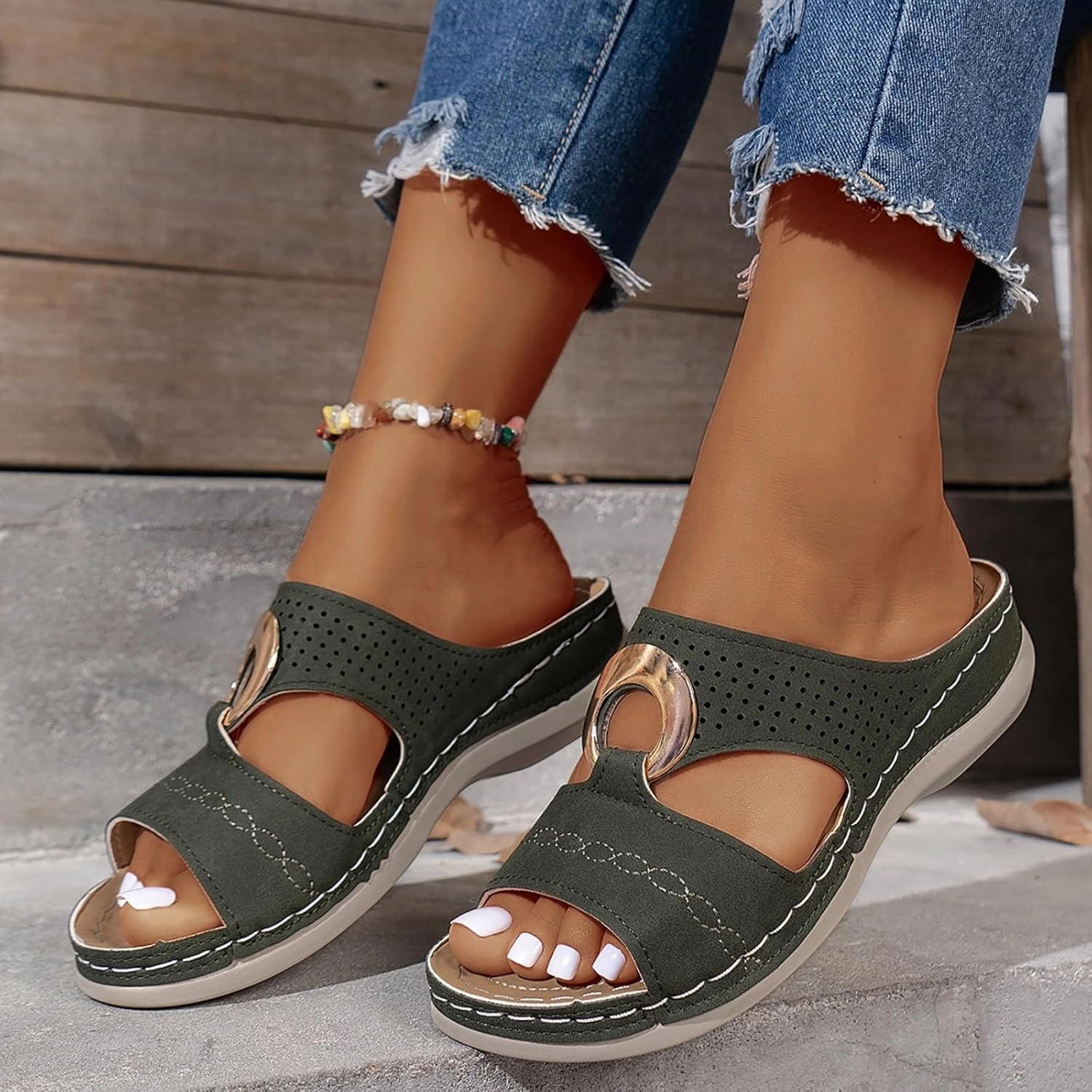 Women's Orthopedic Sandals Summer Slip On Wedge Sandals with Arch Support Open Toe Cutout Beach Shoes Leather Home Slippers Oxygen Flip Flops