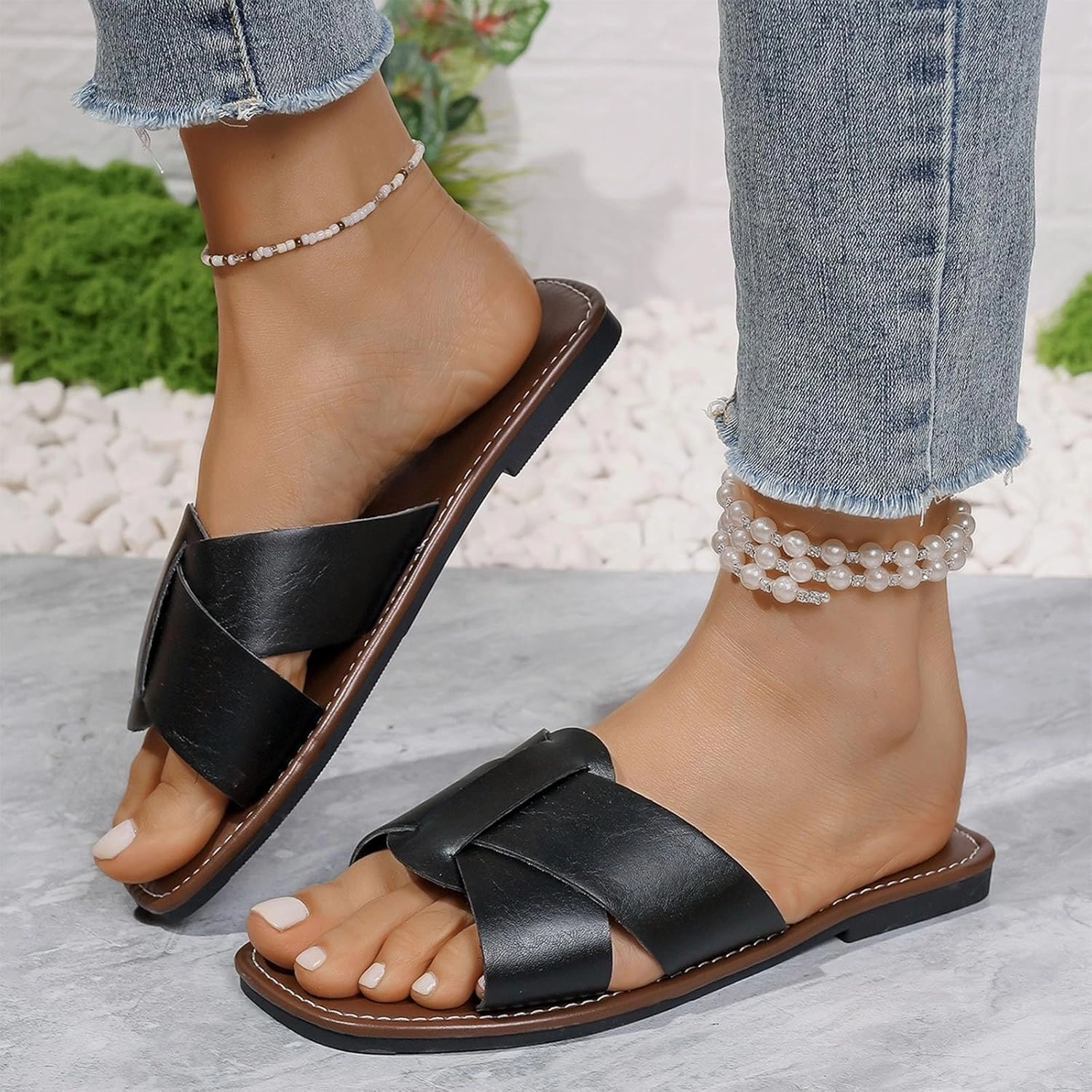 Women's Flat Slide Sandals Cute Buckle Strap Slip on Dressy Casual Strappy Sandals 2025 Summer Open Toe Slides Shoes 70's Rainbow Flip Flops