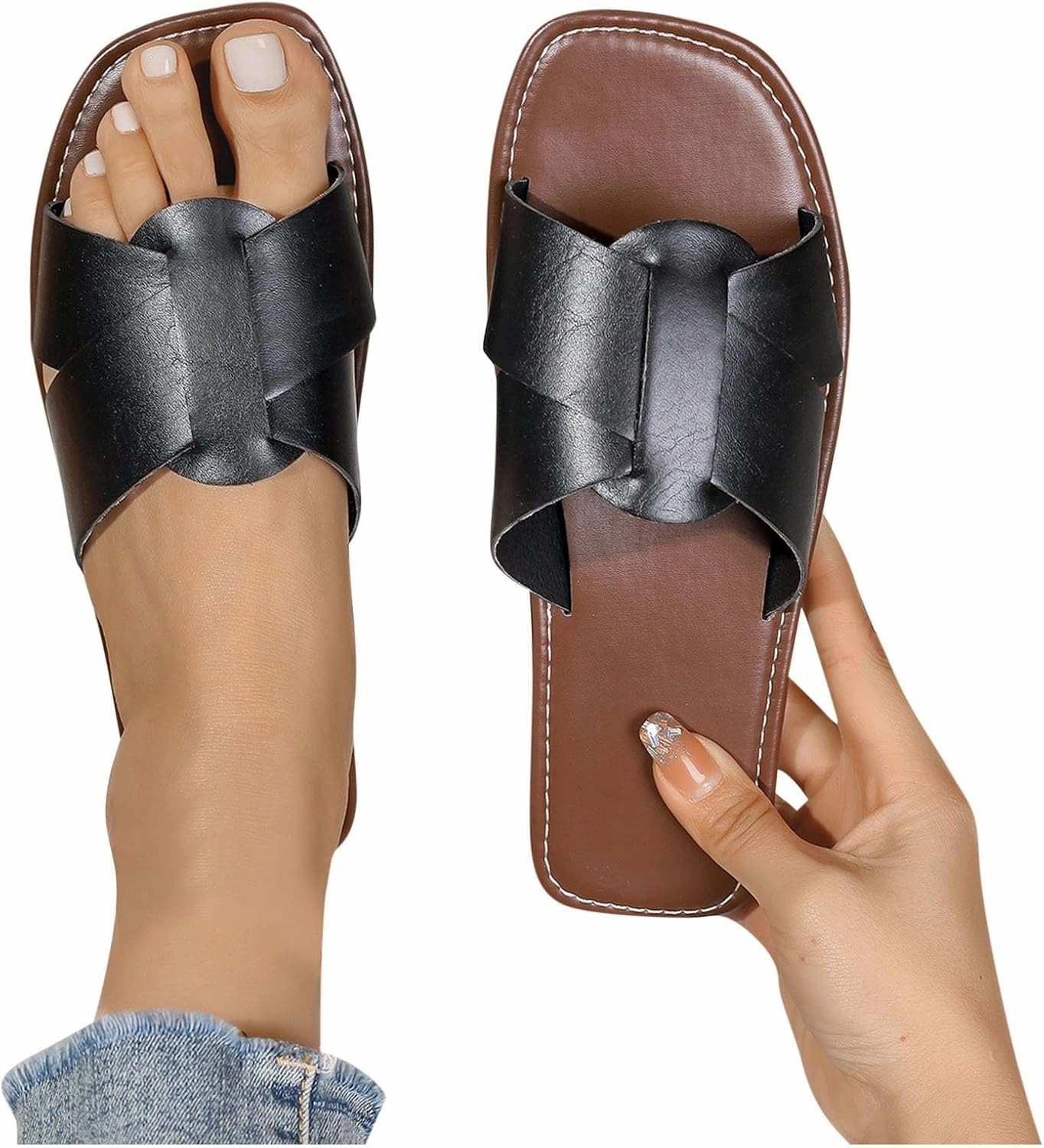 Best Comfy Flip Flops Women's Flat Slide Sandals Cute Buckle Strap Slip on Dressy Casual Strappy Sandals 2025 Summer Open Toe Slides Shoes