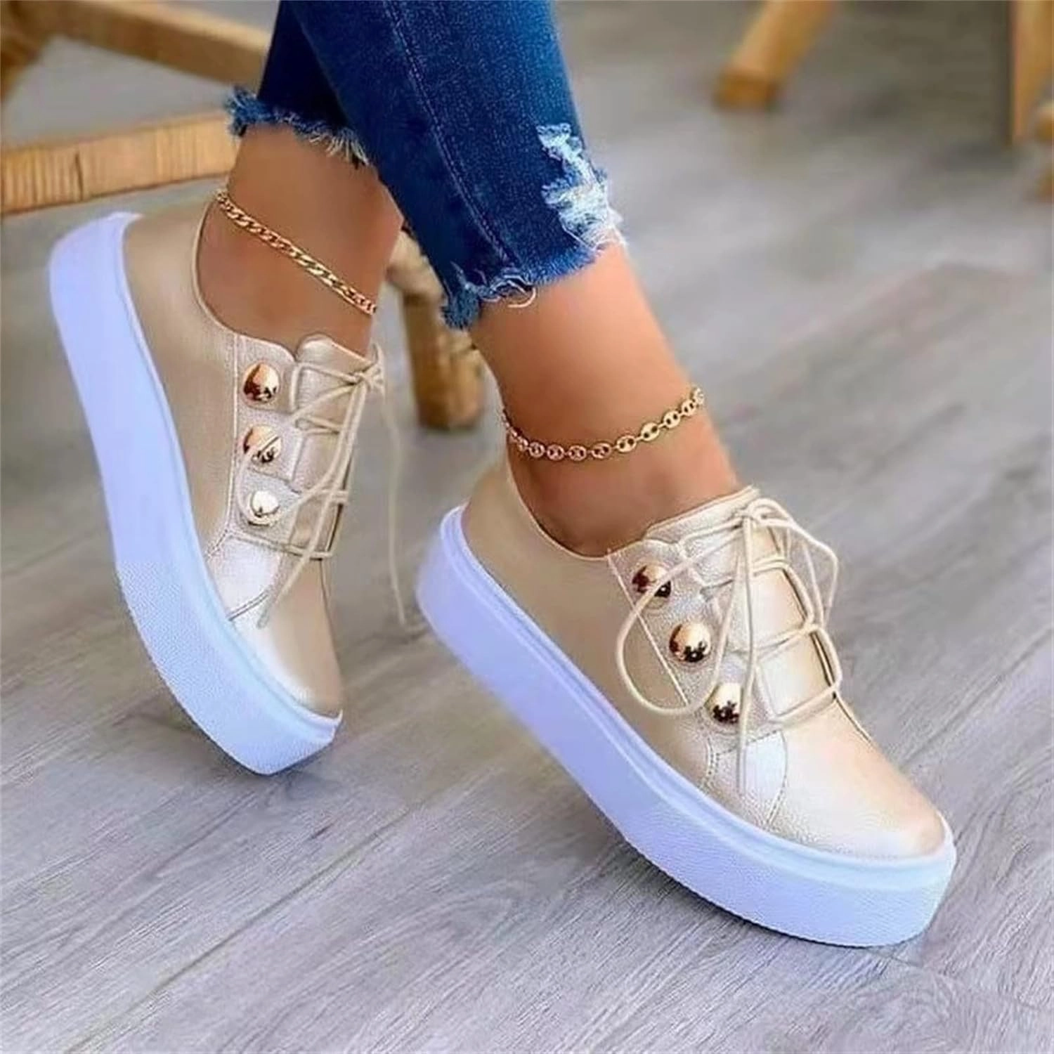 Ladmiple Sneakers For Women Slip On Wide Width Fashion Leather Walking Shoes Casual Summer Lace Up Platform Flats Loafer Espadrille Slip On Shoes
