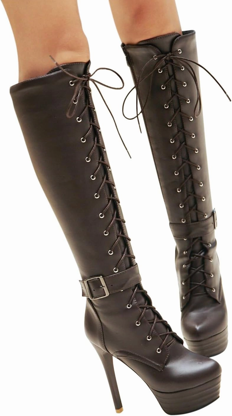 Women's Platform Lace Up Stiletto High Heels Knee High Boots Round Toe Side Zipper Buckle Riding Combat Boots Wide Calf Knee High Slouch Boots