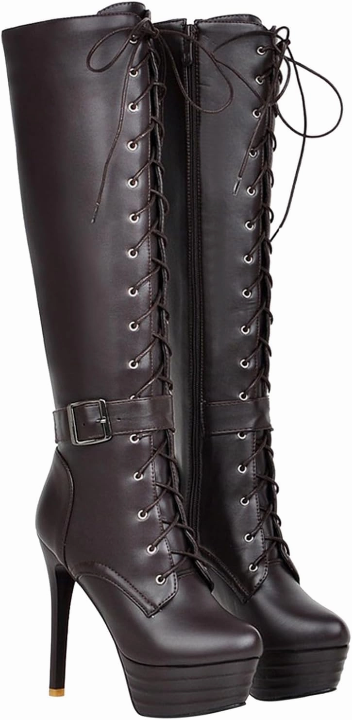 Knee High Boots And Sweater Dress Women's Platform Lace Up Stiletto High Heels Knee High Boots Round Toe Side Zipper Buckle Riding Combat Boots