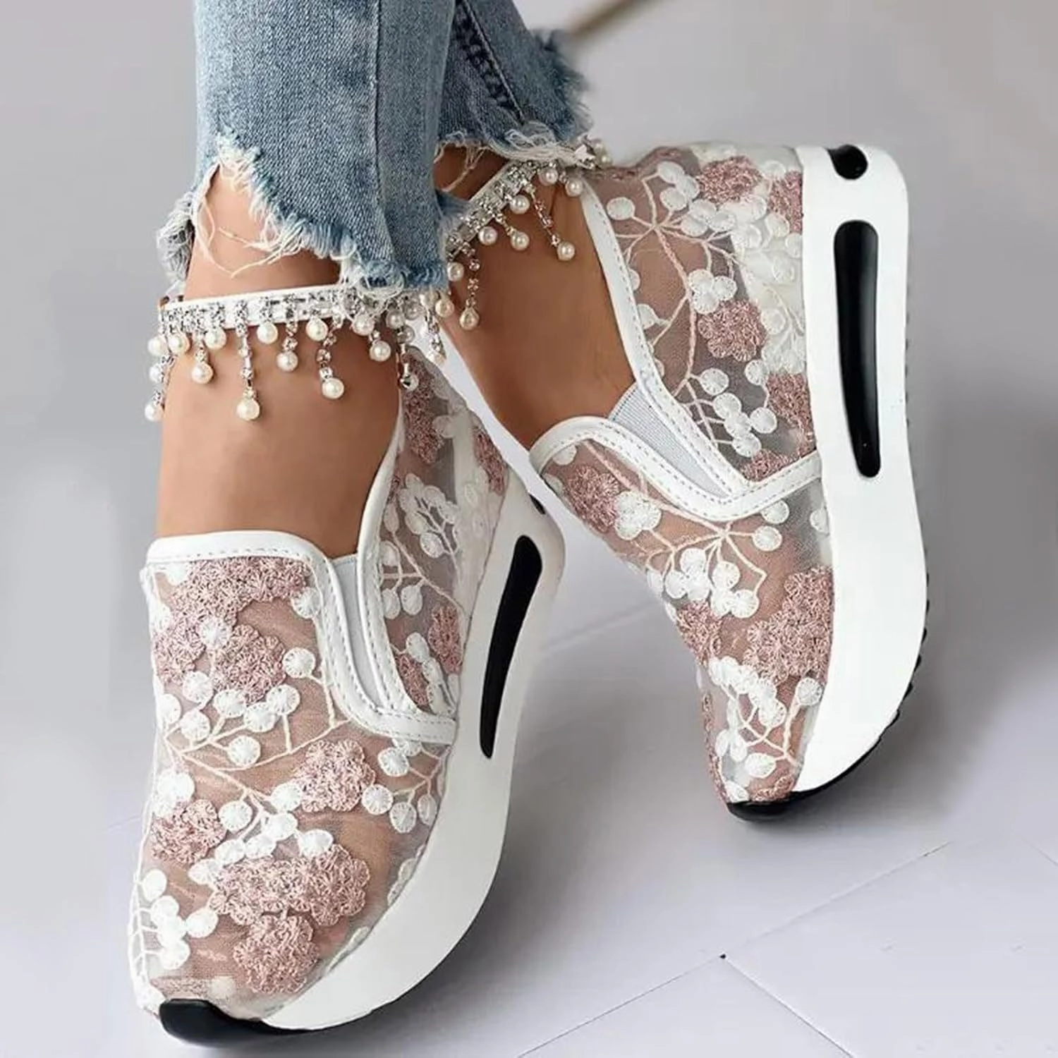 Lamelo Ball Tennis Shoes Platform Wedge Sneakers for Women Slip on Loafers Comfortable Thick Soft Shoes Arch Support Walking Work Shoes Breathable Sheer Mesh Lace Fashion Shoe Comfort Sneaker