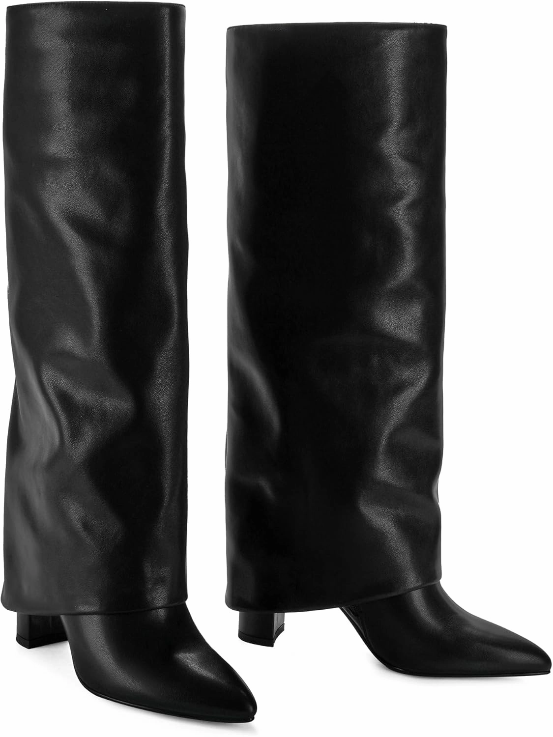 Leather Boots Knee High Wide Calf Modatope Knee High Boots Women Fold Over Knee High Boots Chunky High Heels Long Boots Zipper Pointed Toe Dress Tall Boots for Women
