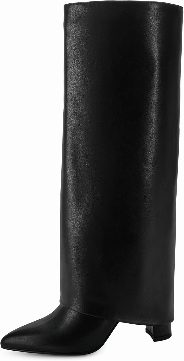 Modatope Knee High Boots Women Fold Over Knee High Boots Chunky High Heels Long Boots Zipper Pointed Toe Dress Tall Boots for Women Reserve Knee High Boot