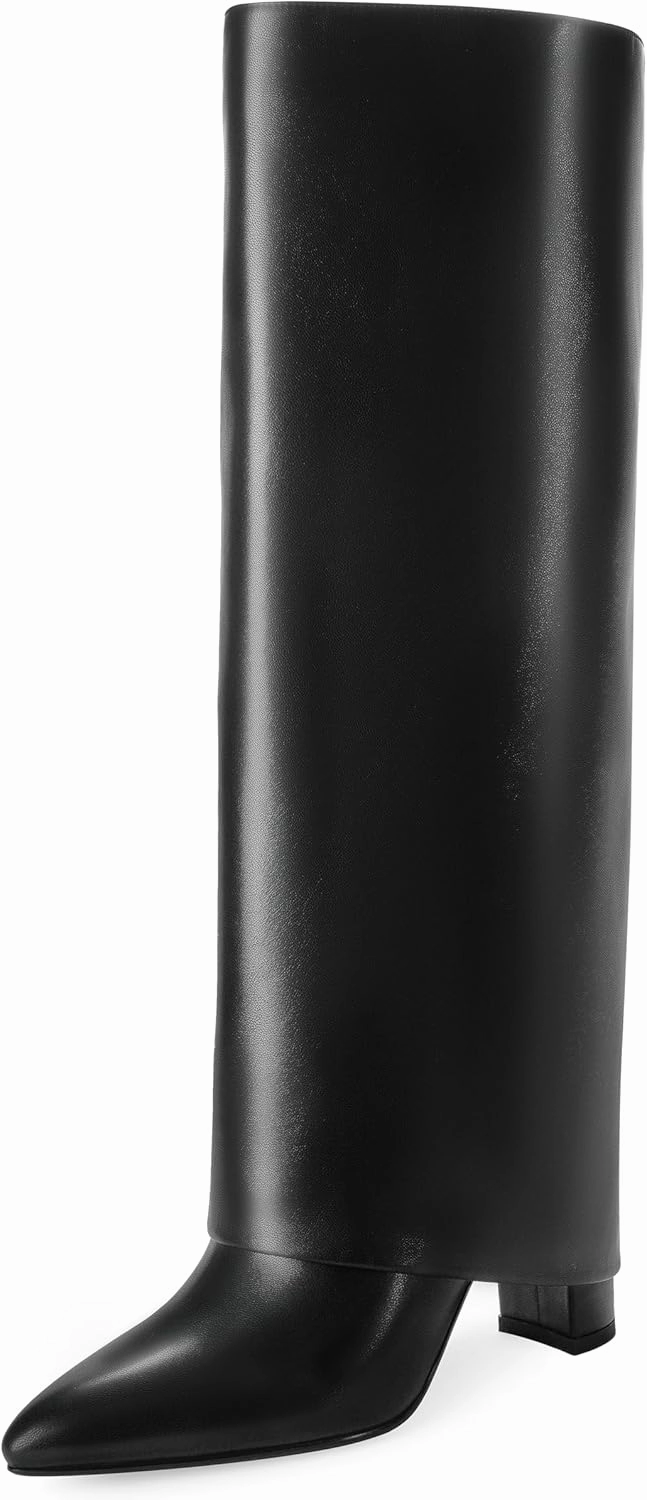 Stop Knee High Boots Falling Down Modatope Knee High Boots Women Fold Over Knee High Boots Chunky High Heels Long Boots Zipper Pointed Toe Dress Tall Boots for Women