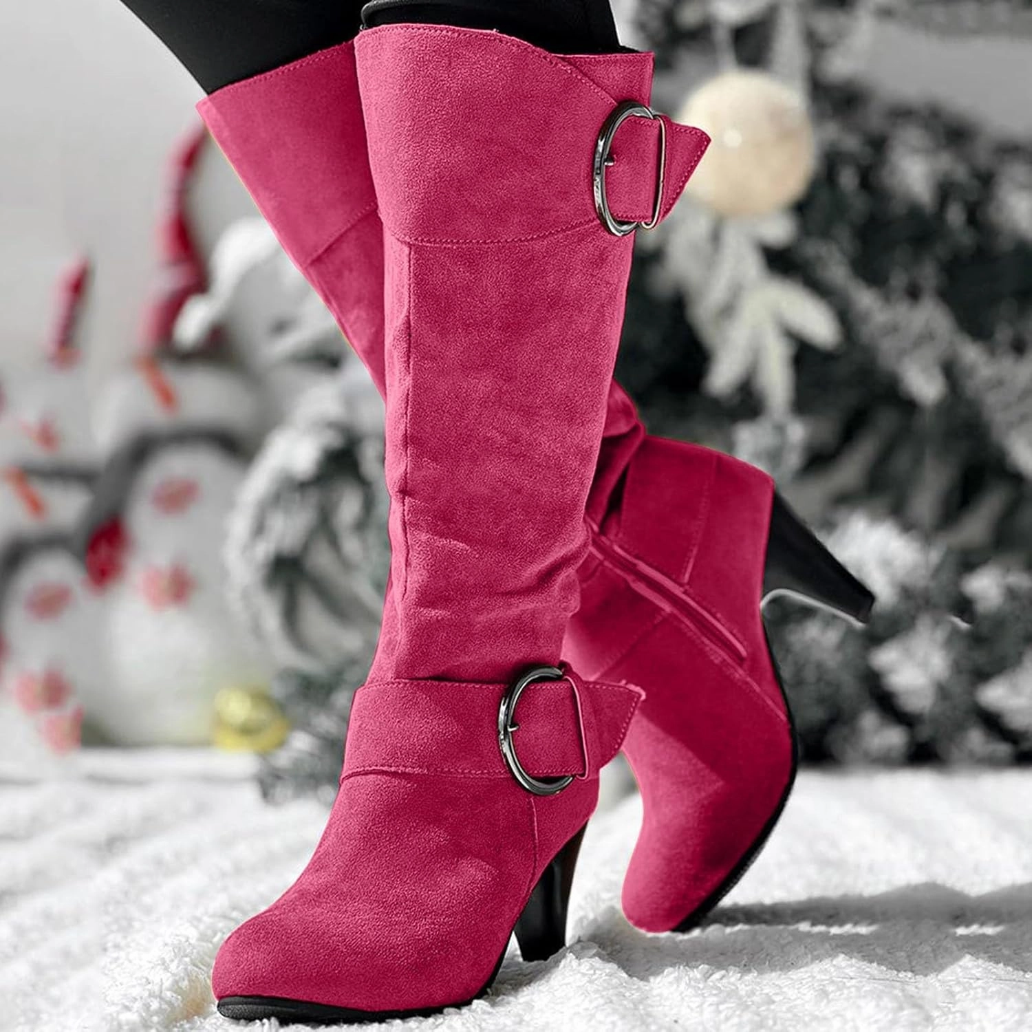 White Boot Knee High Knee High Boots Women High Heel Fashion Belt Buckle Wine Glass Heel Pointed Toe Solid Color Thigh High Knee Boots