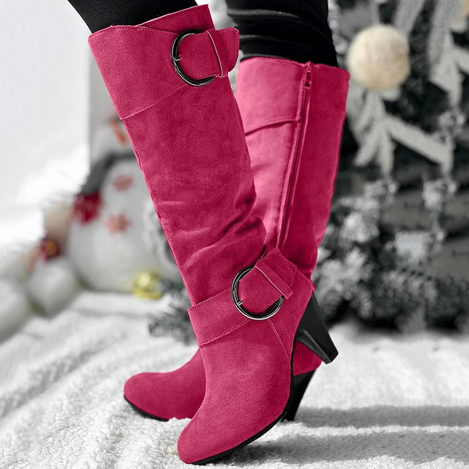 Knee High Boots Women High Heel Fashion Belt Buckle Wine Glass Heel Pointed Toe Solid Color Thigh High Knee Boots Kitten Heel Knee High Boots