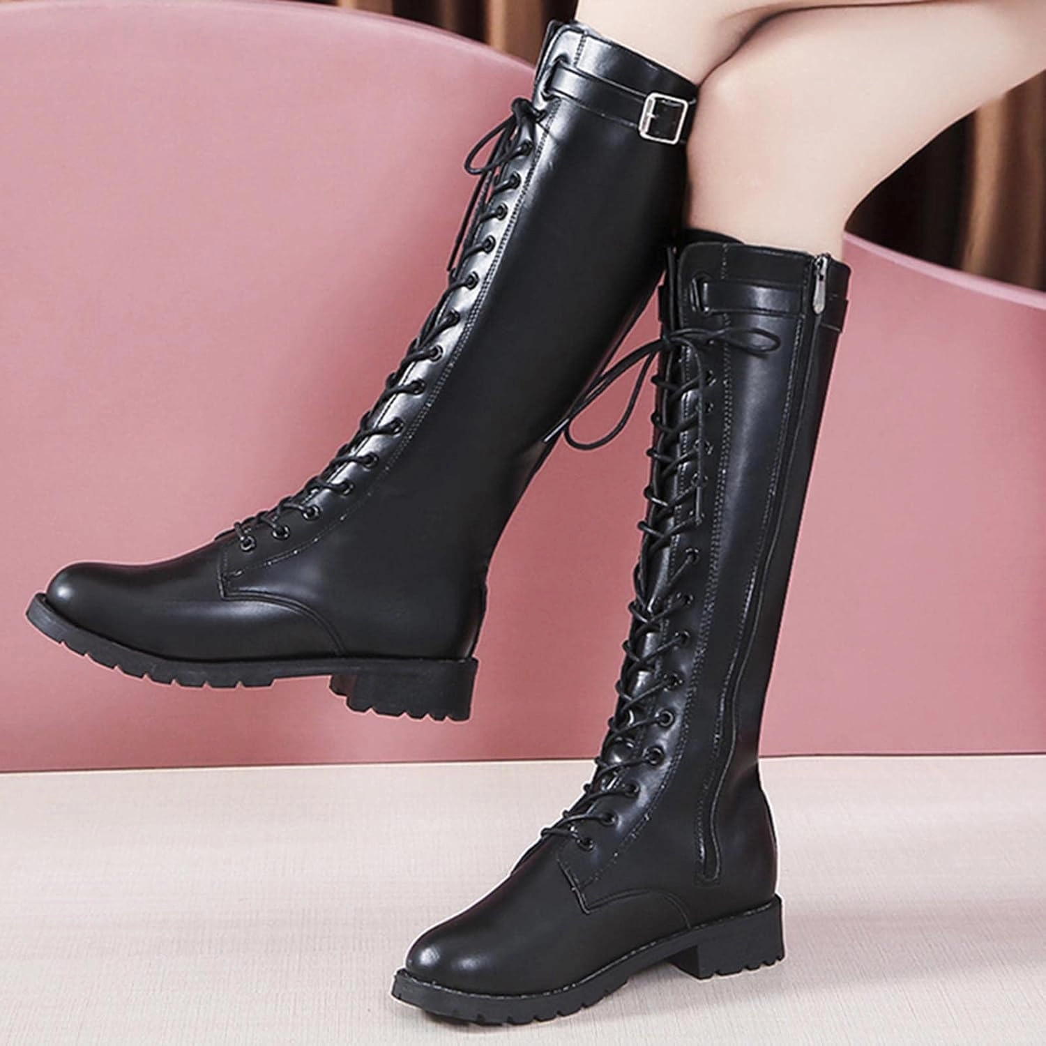 Fabric Combat Boots oiangi Women's Knee-high Boots Sexy Cross Lace Up Round Toe Side Zipper Belt Buckle Thick Heel Mid Heel Motorcycle Boots Black Casual Comfy Ladies Shoes