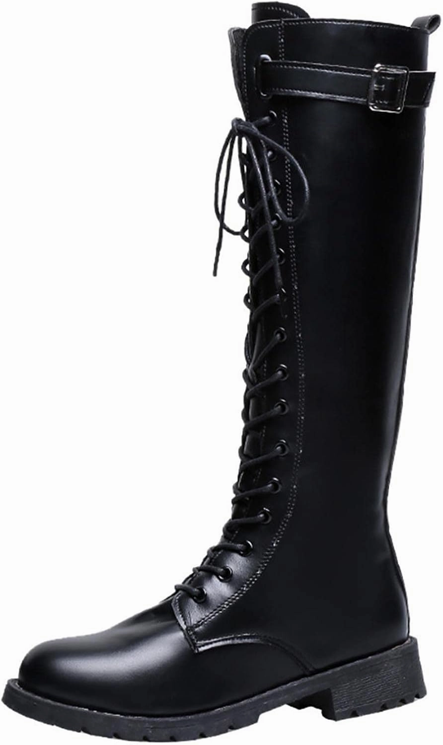 Walk Mile Combat Boots oiangi Women's Knee-high Boots Sexy Cross Lace Up Round Toe Side Zipper Belt Buckle Thick Heel Mid Heel Motorcycle Boots Black Casual Comfy Ladies Shoes