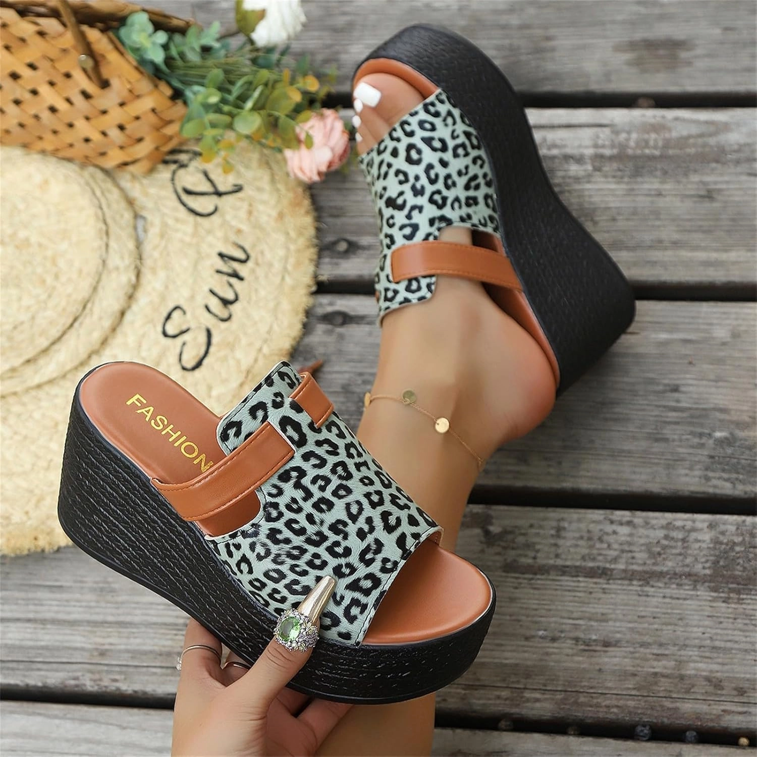 Flip Flops Double Strap Women Leather Platform Sandals Open Toe Slip On Wedge Sandal with Arch Support Wide Width Dressy Summer Beach Slides