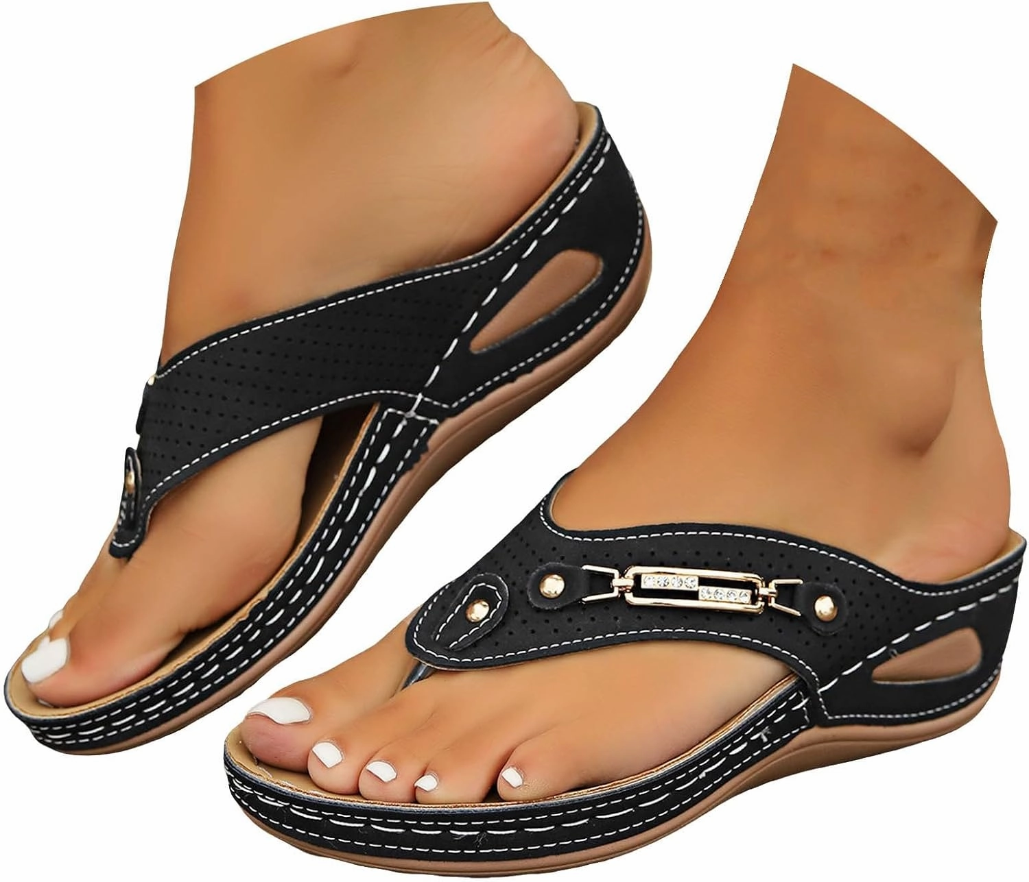 Business Tennis Shoes Womens Fashion Orthotic Flip Flops with Arch Support Sandals Women Summer Dressy Comfortable Beach Walking Thong Cushion Sandals Slip On Slides Casual Beach Shoes, 6.5, Black,white