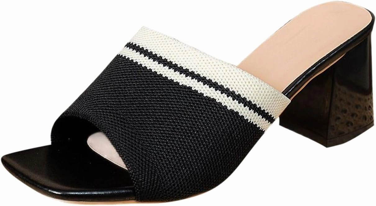 Frida Kahlo Flip Flops Fashion Contrast Color Knit Heels Mules for Women Dressy Square Open Toe Heels Chunky Low Block Heel Sandals Slip On