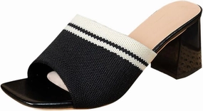 Biking In Flip Flops Fashion Contrast Color Knit Heels Mules for Women Dressy Square Open Toe Heels Chunky Low Block Heel Sandals Slip On