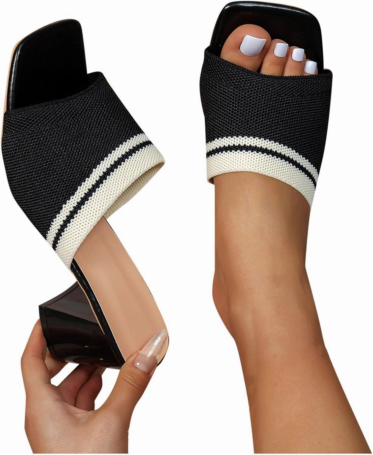 Fuji Flip Flops Fashion Contrast Color Knit Heels Mules for Women Dressy Square Open Toe Heels Chunky Low Block Heel Sandals Slip On